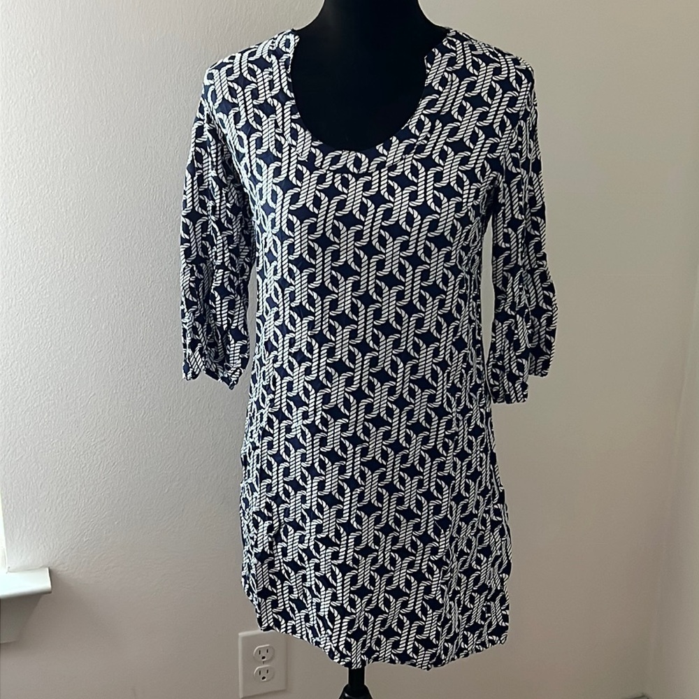 Escapada Nautical Rope shift mini dress flutter 3/4 sleeves blue white Sz M‎
